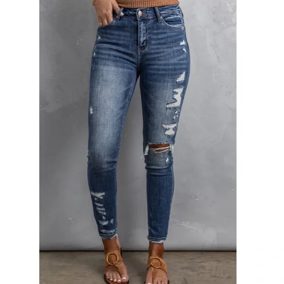 Dark Wash Distressed Skinny Jeans - Picture 2 of 9